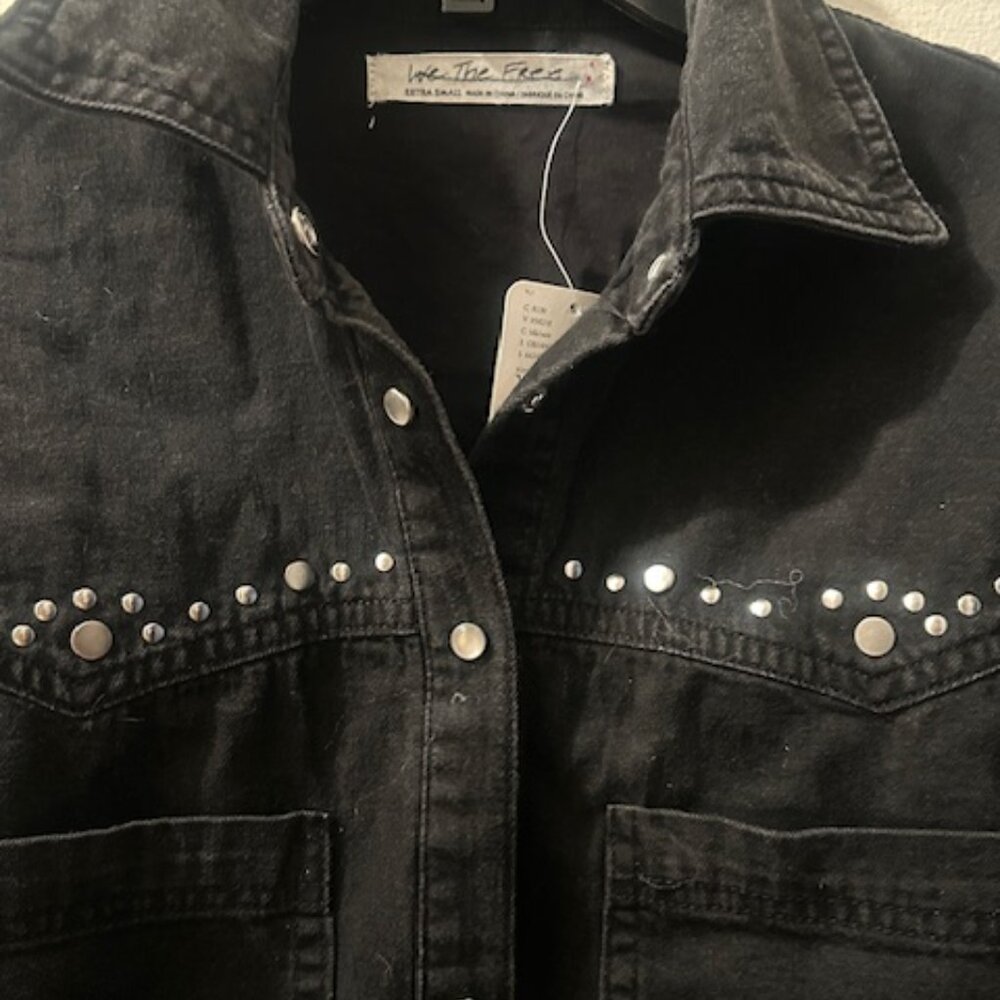 Free People We The Free Sleek Black Denim Silver Studded Distressed Dress NEW - Picture 4 of 16